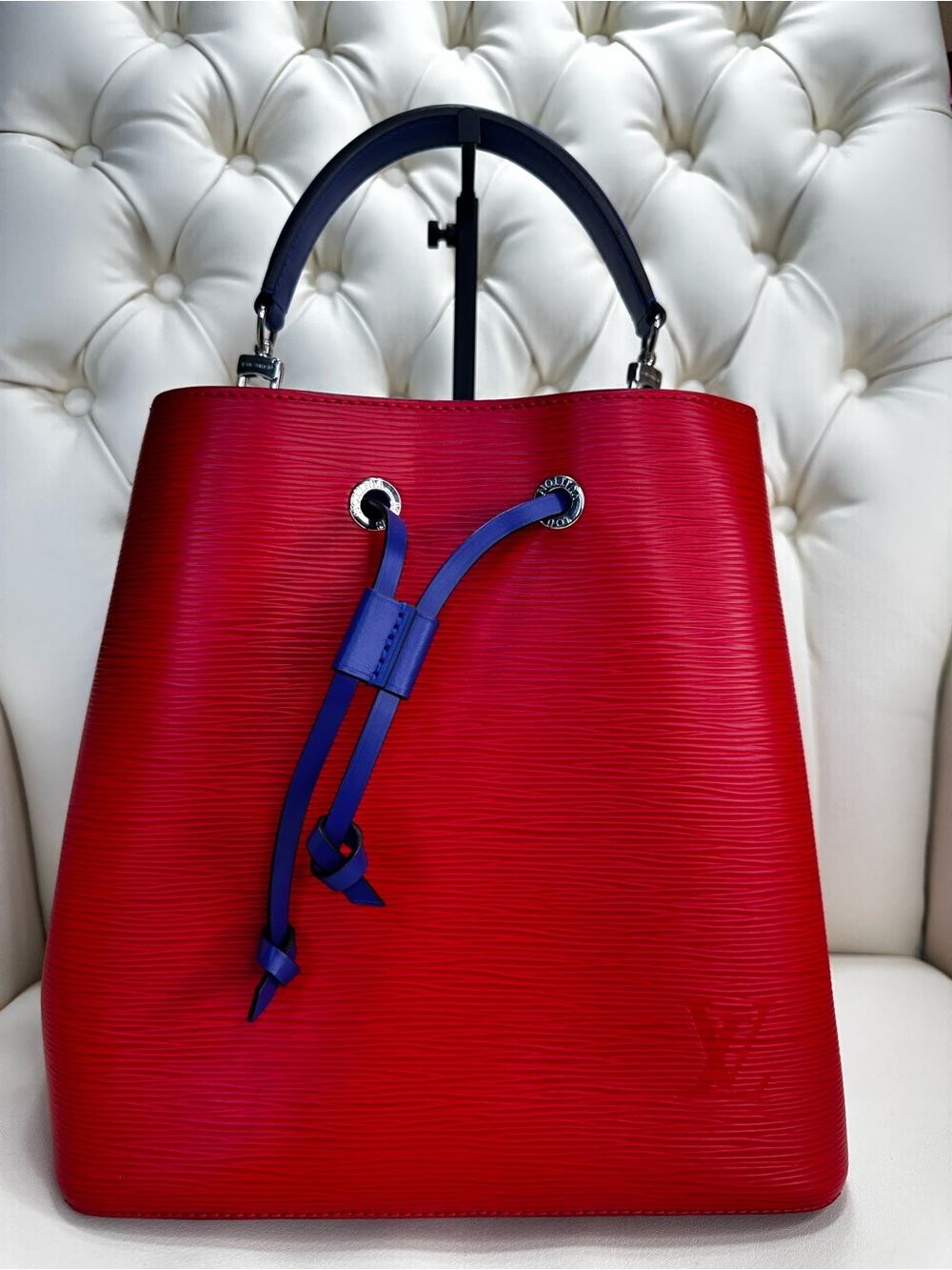 Louis Vuitton Noe Red Epi Leather Bucket Bag with Blue Drawstring